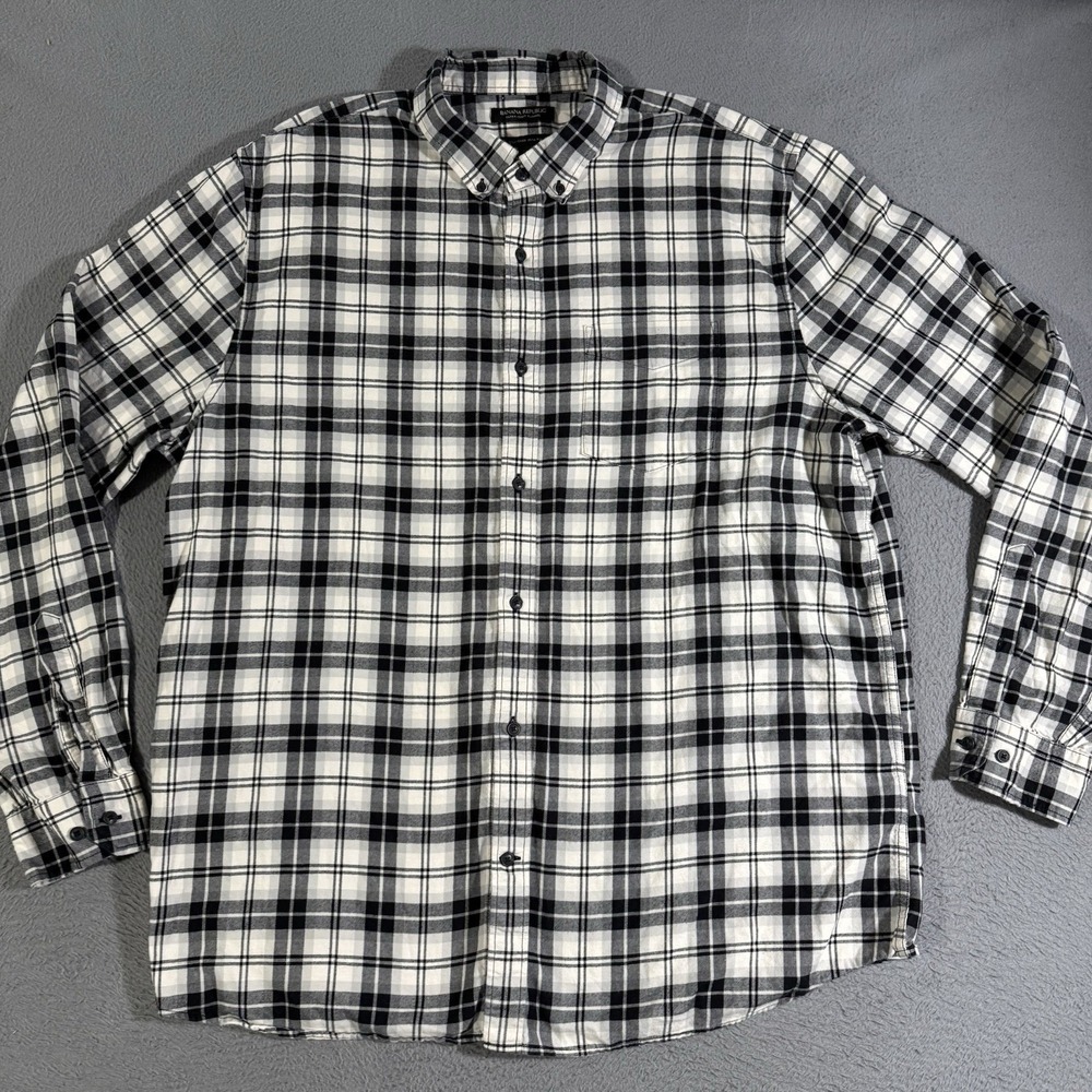 Mens Size XXL Banana Republic Black White Ultra-Soft Flannel‎ Untucked Slim Fit
